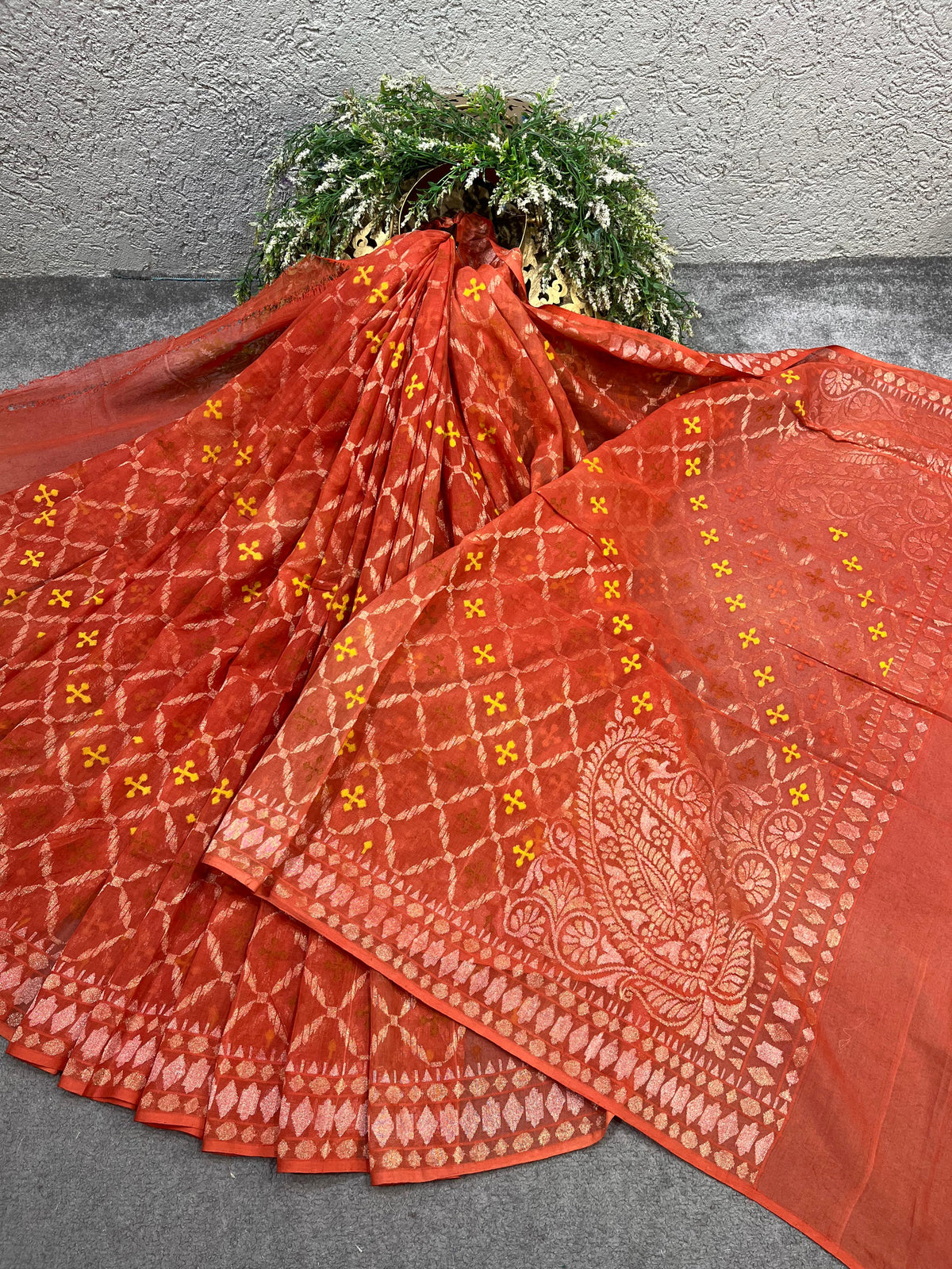 RUST ORANGE COTTON PURE HANDLOOM BANARASI SAREE