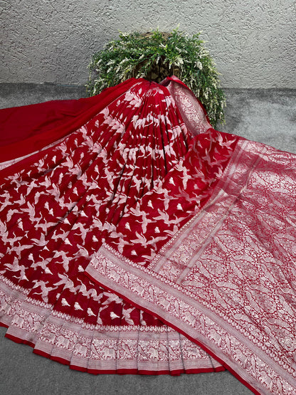 RED CHIFFON PURE HANDLOOM BANARASI SAREE