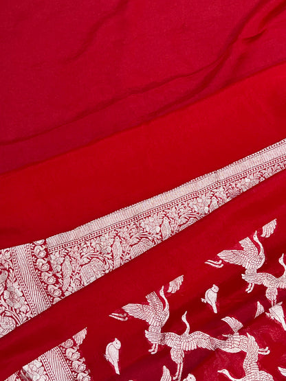 RED CHIFFON PURE HANDLOOM BANARASI SAREE