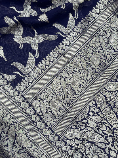 MIDNIGHT BLUE CHIFFON PURE HANDLOOM BANARASI SAREE