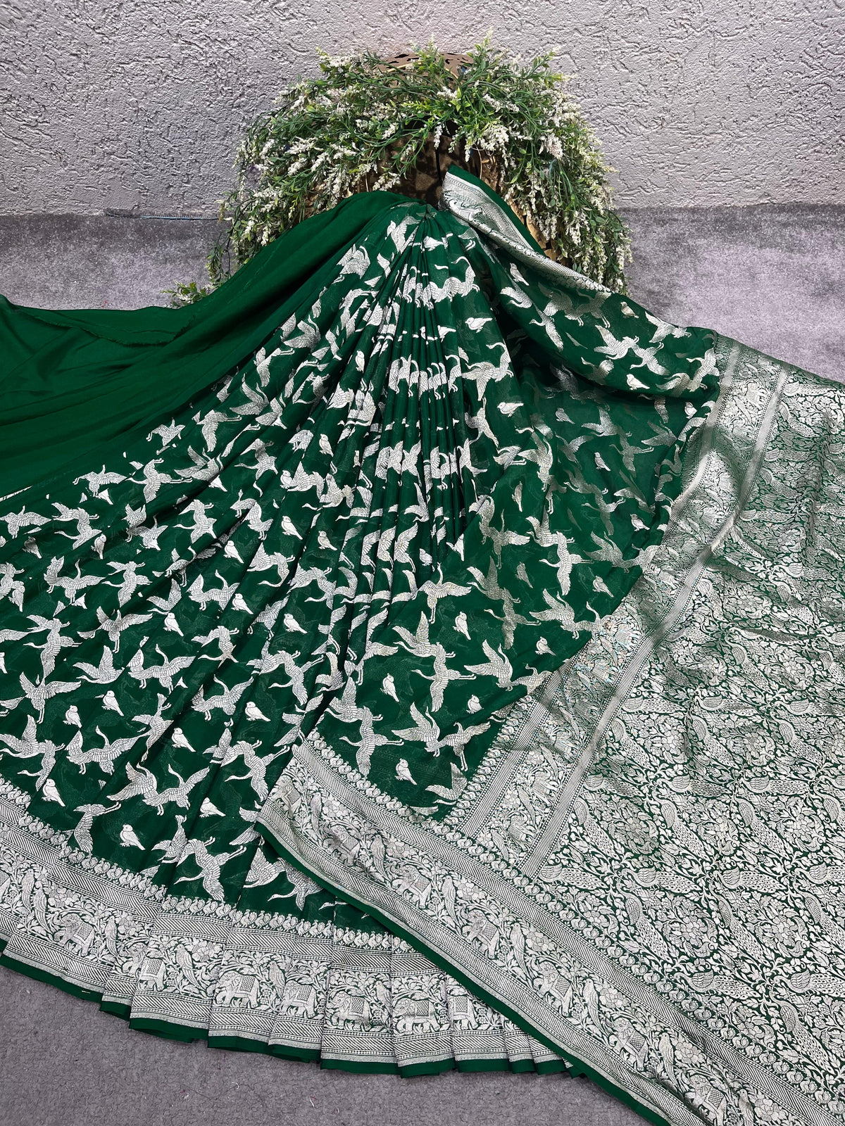 GREEN CHIFFON PURE HANDLOOM BANARASI SAREE