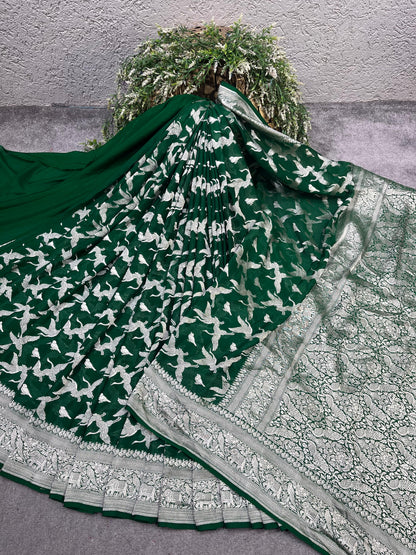 GREEN CHIFFON PURE HANDLOOM BANARASI SAREE