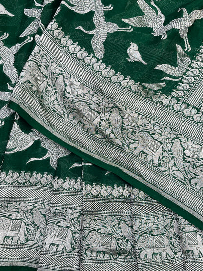 GREEN CHIFFON PURE HANDLOOM BANARASI SAREE