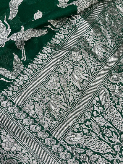 GREEN CHIFFON PURE HANDLOOM BANARASI SAREE