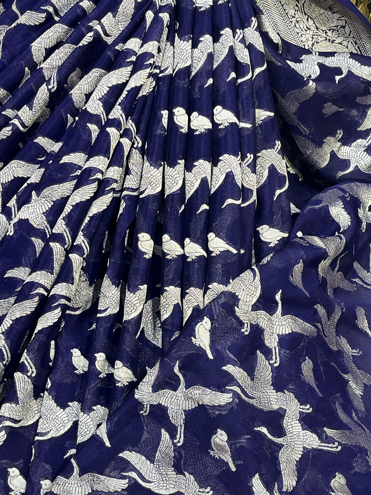 MIDNIGHT BLUE CHIFFON PURE HANDLOOM BANARASI SAREE