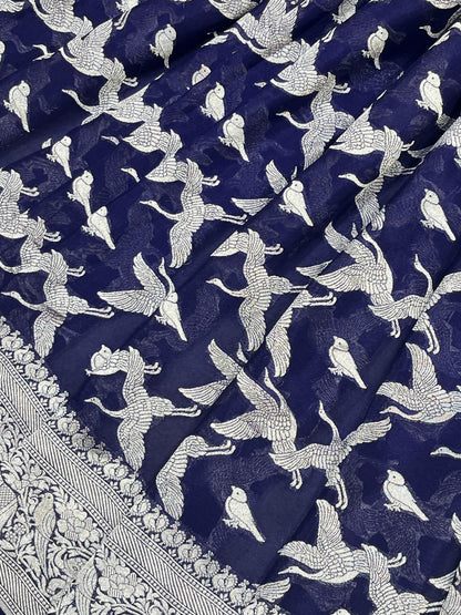 MIDNIGHT BLUE CHIFFON PURE HANDLOOM BANARASI SAREE
