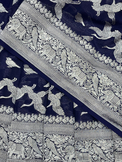 MIDNIGHT BLUE CHIFFON PURE HANDLOOM BANARASI SAREE