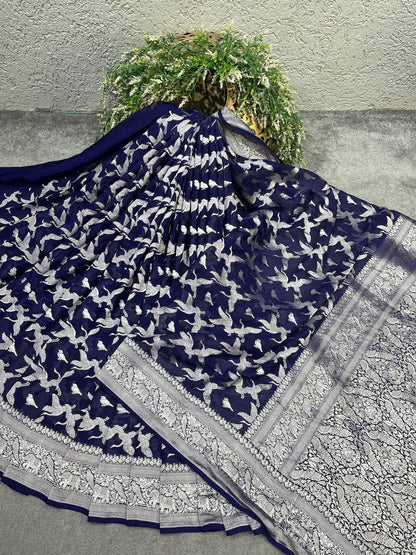 MIDNIGHT BLUE CHIFFON PURE HANDLOOM BANARASI SAREE
