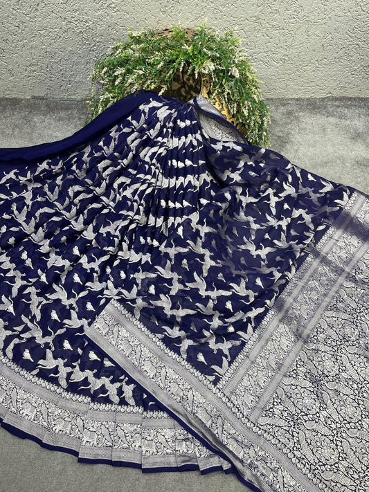 MIDNIGHT BLUE CHIFFON PURE HANDLOOM BANARASI SAREE