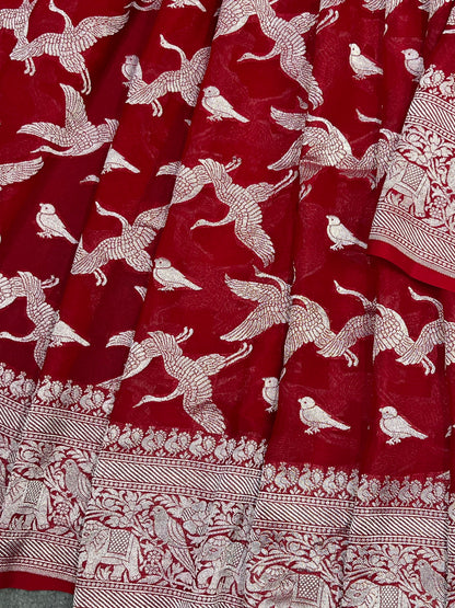 RED CHIFFON PURE HANDLOOM BANARASI SAREE