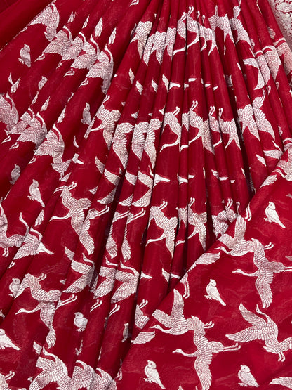 RED CHIFFON PURE HANDLOOM BANARASI SAREE