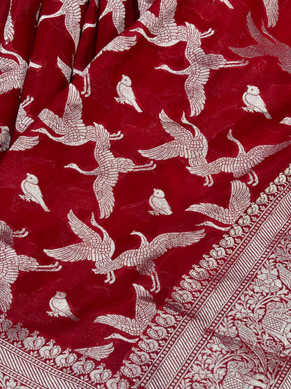RED CHIFFON PURE HANDLOOM BANARASI SAREE