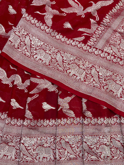 RED CHIFFON PURE HANDLOOM BANARASI SAREE