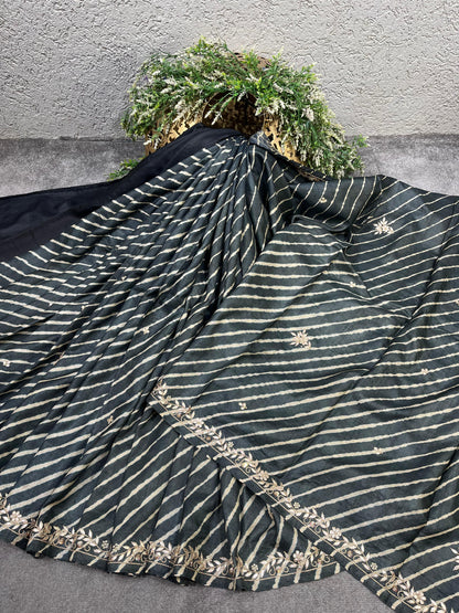 CHARCOAL GREY TASSAR PURE HANDLOOM LEHERIYA SAREE