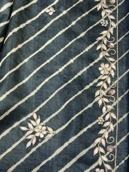 CHARCOAL GREY TASSAR PURE HANDLOOM LEHERIYA SAREE