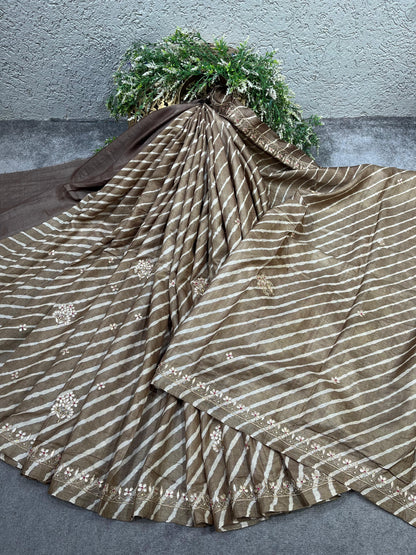 BROWN TASSAR PURE HANDLOOM LEHERIYA SAREE