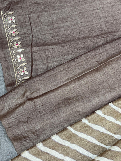 BROWN TASSAR PURE HANDLOOM LEHERIYA SAREE