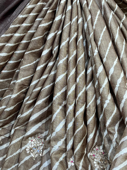 BROWN TASSAR PURE HANDLOOM LEHERIYA SAREE