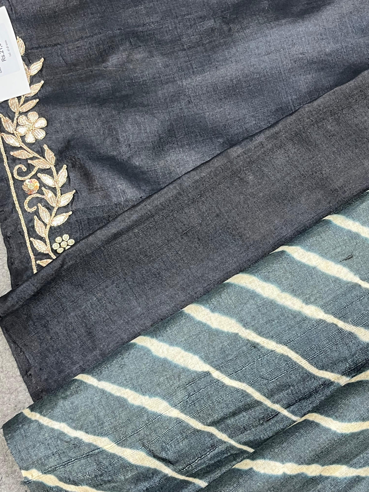 CHARCOAL GREY TASSAR PURE HANDLOOM LEHERIYA SAREE