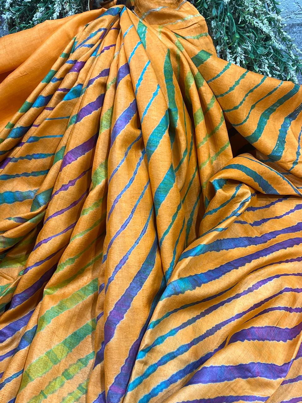 ORANGE TASSAR PURE HANDLOOM LEHERIYA SAREE