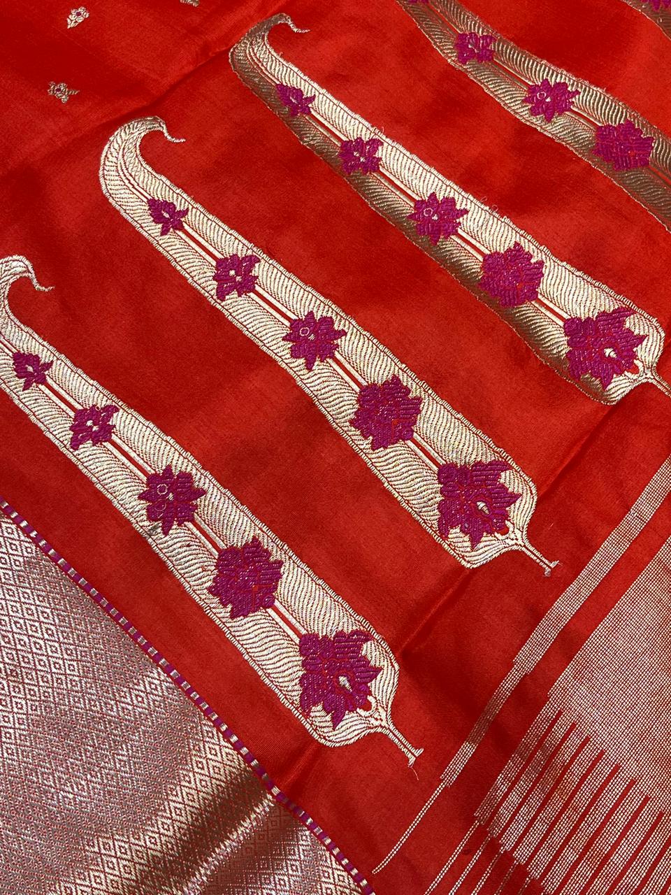 ORANGE MUSHROO SILK PURE HANDLOOM CHANDERI SAREE