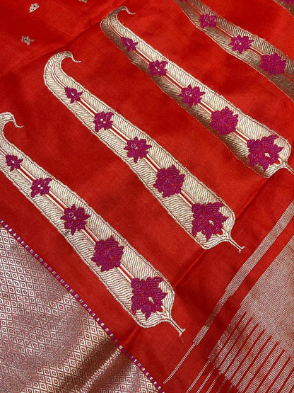 ORANGE MUSHROO SILK PURE HANDLOOM CHANDERI SAREE