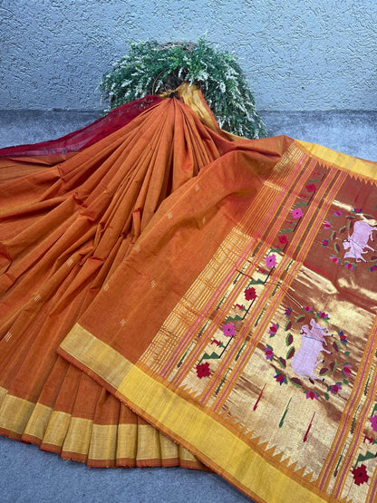 ORANGE COTTON PURE HANDLOOM PAITHANI SAREE