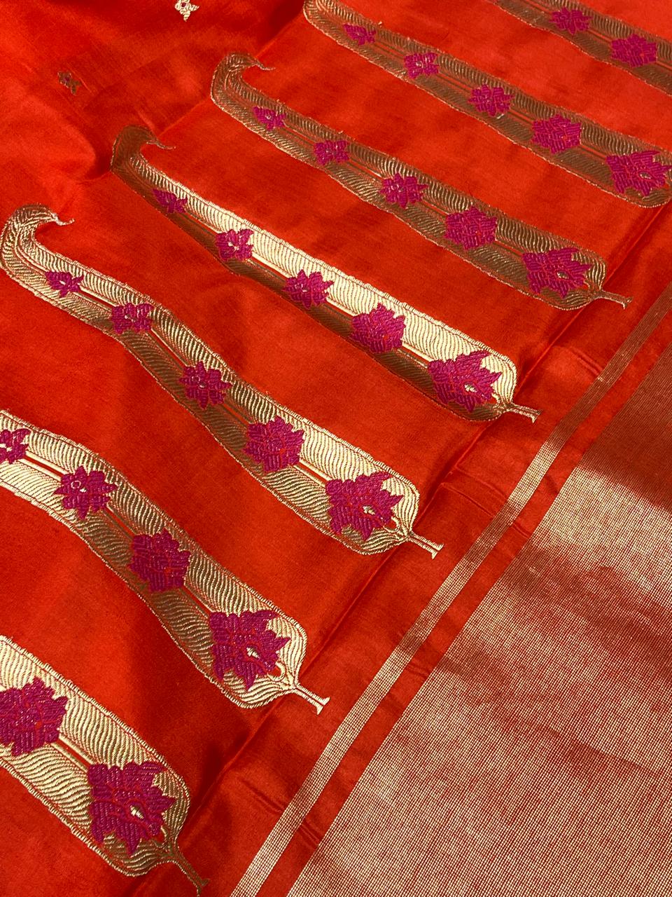 ORANGE MUSHROO SILK PURE HANDLOOM CHANDERI SAREE