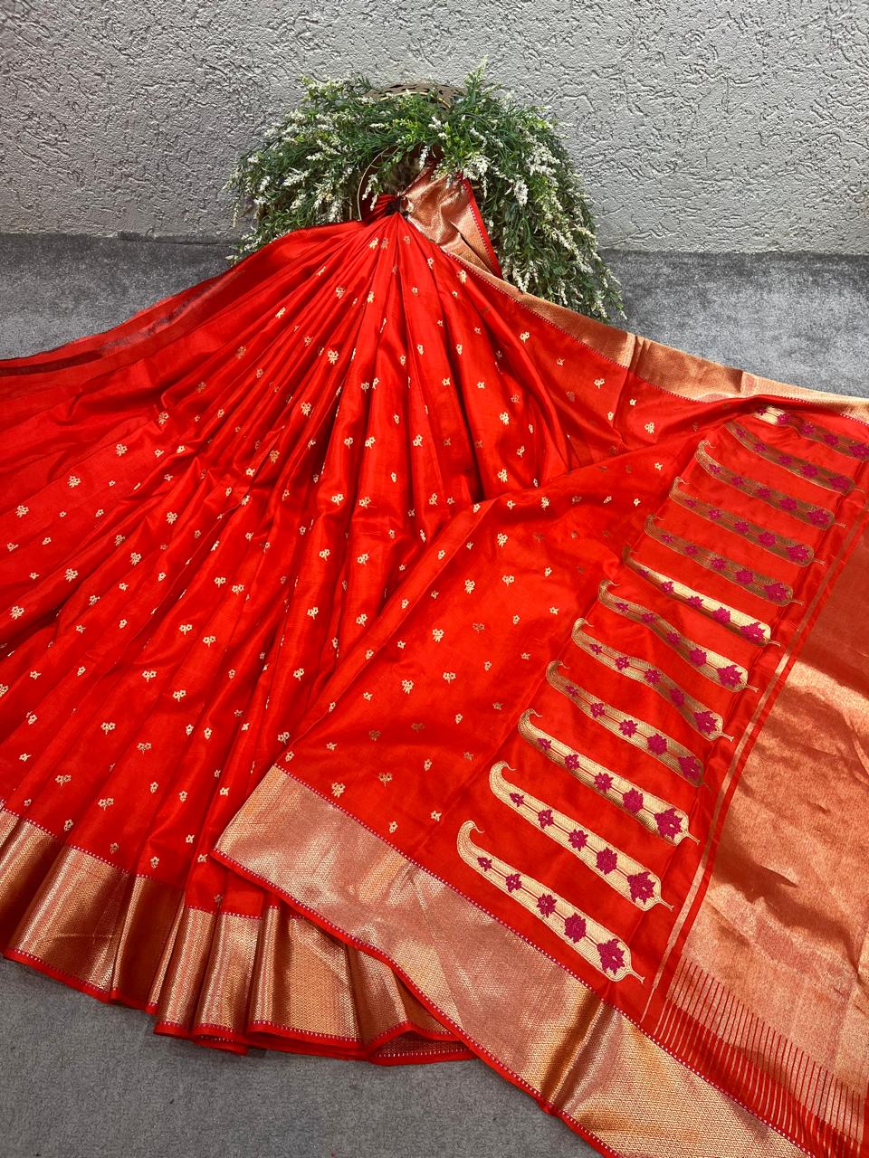 ORANGE MUSHROO SILK PURE HANDLOOM CHANDERI SAREE