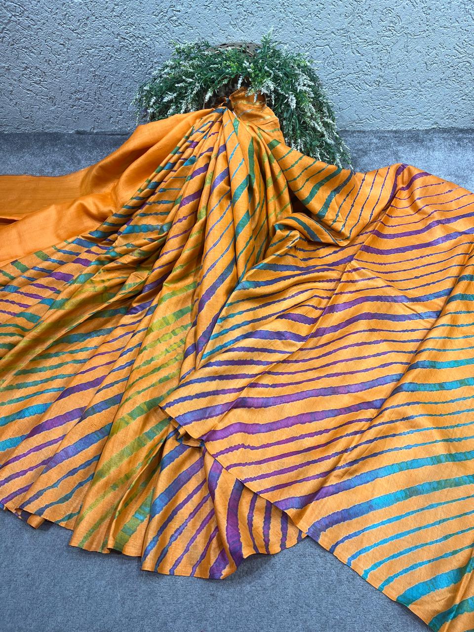 ORANGE TASSAR PURE HANDLOOM LEHERIYA SAREE