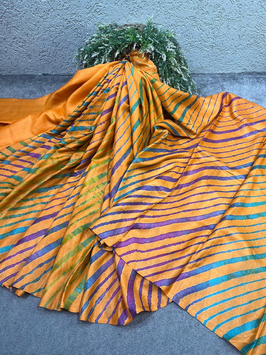 ORANGE TASSAR PURE HANDLOOM LEHERIYA SAREE