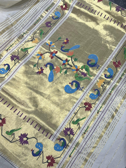WHITE COTTON PURE HANDLOOM PAITHANI SAREE