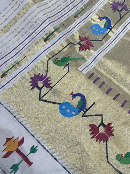 WHITE COTTON PURE HANDLOOM PAITHANI SAREE