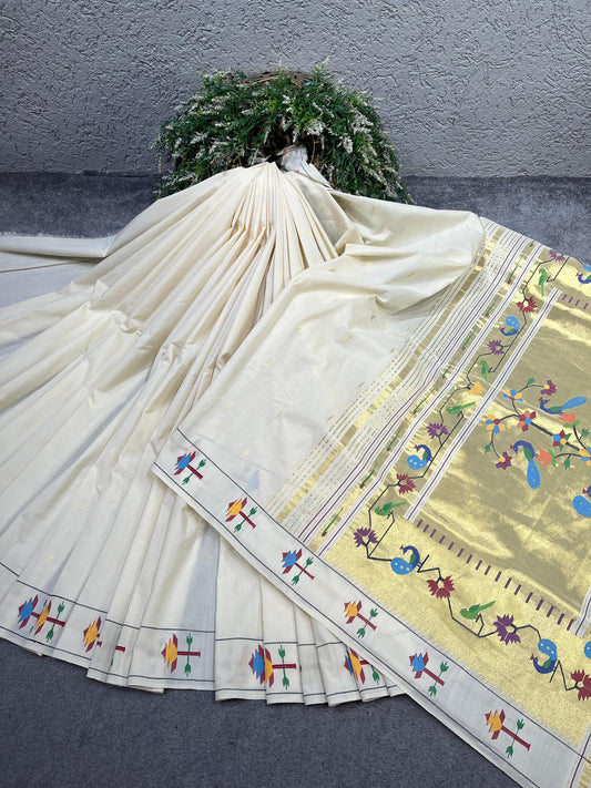 WHITE COTTON PURE HANDLOOM PAITHANI SAREE