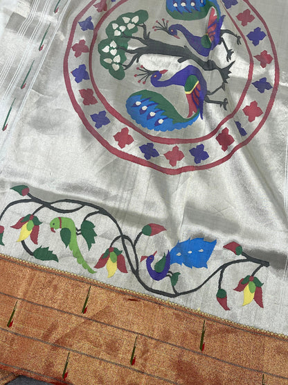 WHITE SILK PURE HANDLOOM PAITHANI SAREE