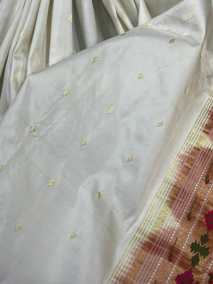 WHITE SILK PURE HANDLOOM PAITHANI SAREE