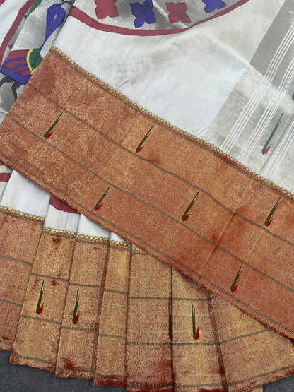 WHITE SILK PURE HANDLOOM PAITHANI SAREE