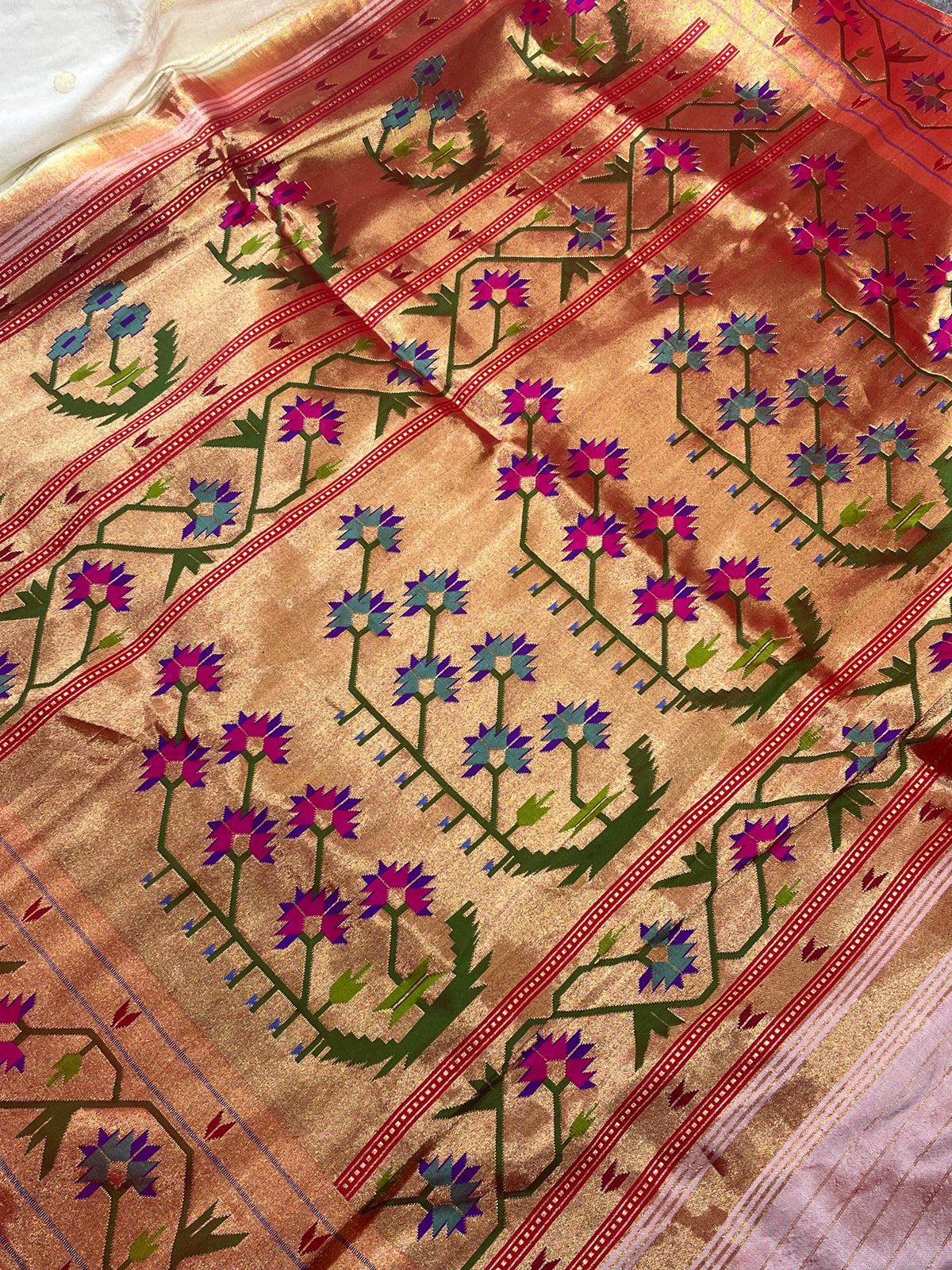 WHITE SILK PURE HANDLOOM PAITHANI SAREE