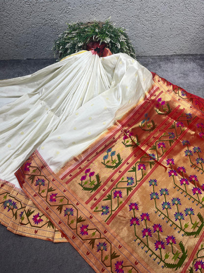 WHITE SILK PURE HANDLOOM PAITHANI SAREE