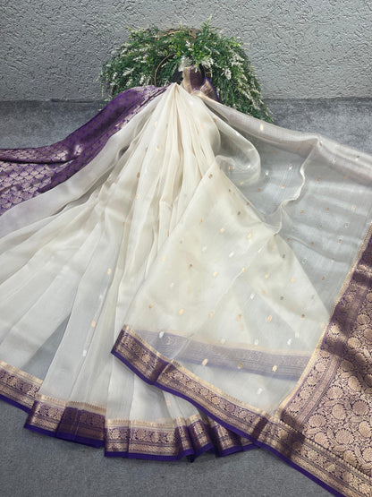 WHITE KORA PURE HANDLOOM BANARASI SAREE