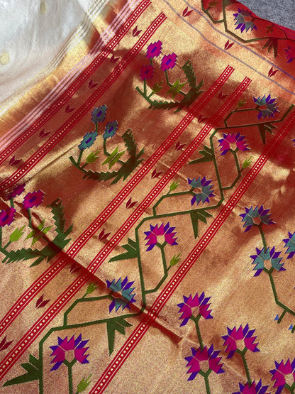 WHITE SILK PURE HANDLOOM PAITHANI SAREE