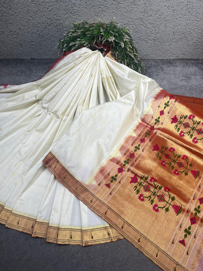 WHITE SILK PURE HANDLOOM PAITHANI SAREE