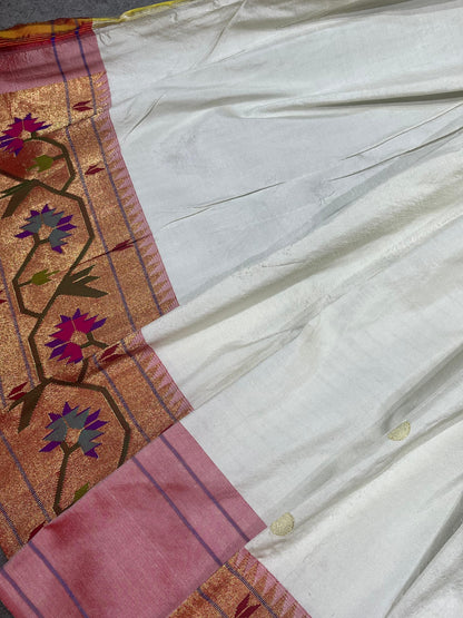 WHITE SILK PURE HANDLOOM PAITHANI SAREE