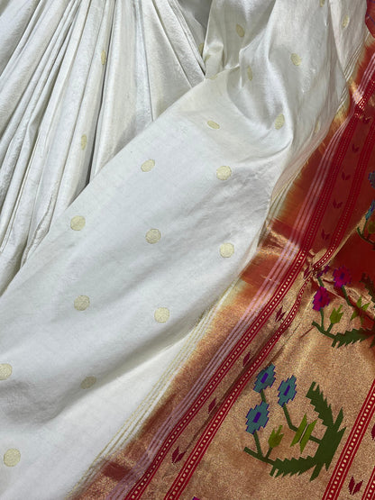 WHITE SILK PURE HANDLOOM PAITHANI SAREE