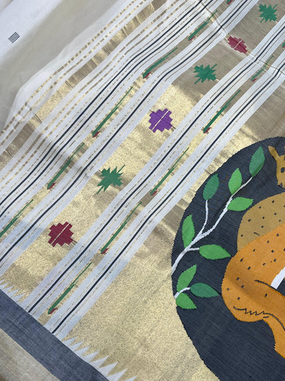 WHITE COTTON PURE HANDLOOM PAITHANI SAREE