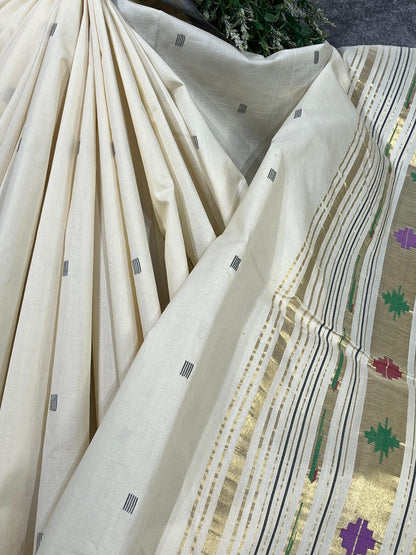 WHITE COTTON PURE HANDLOOM PAITHANI SAREE