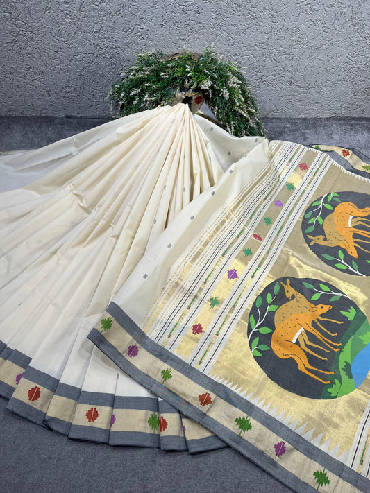 WHITE COTTON PURE HANDLOOM PAITHANI SAREE