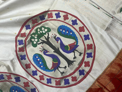 WHITE SILK PURE HANDLOOM PAITHANI SAREE