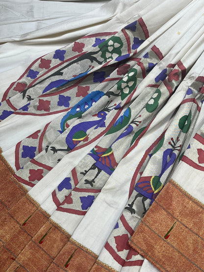 WHITE SILK PURE HANDLOOM PAITHANI SAREE