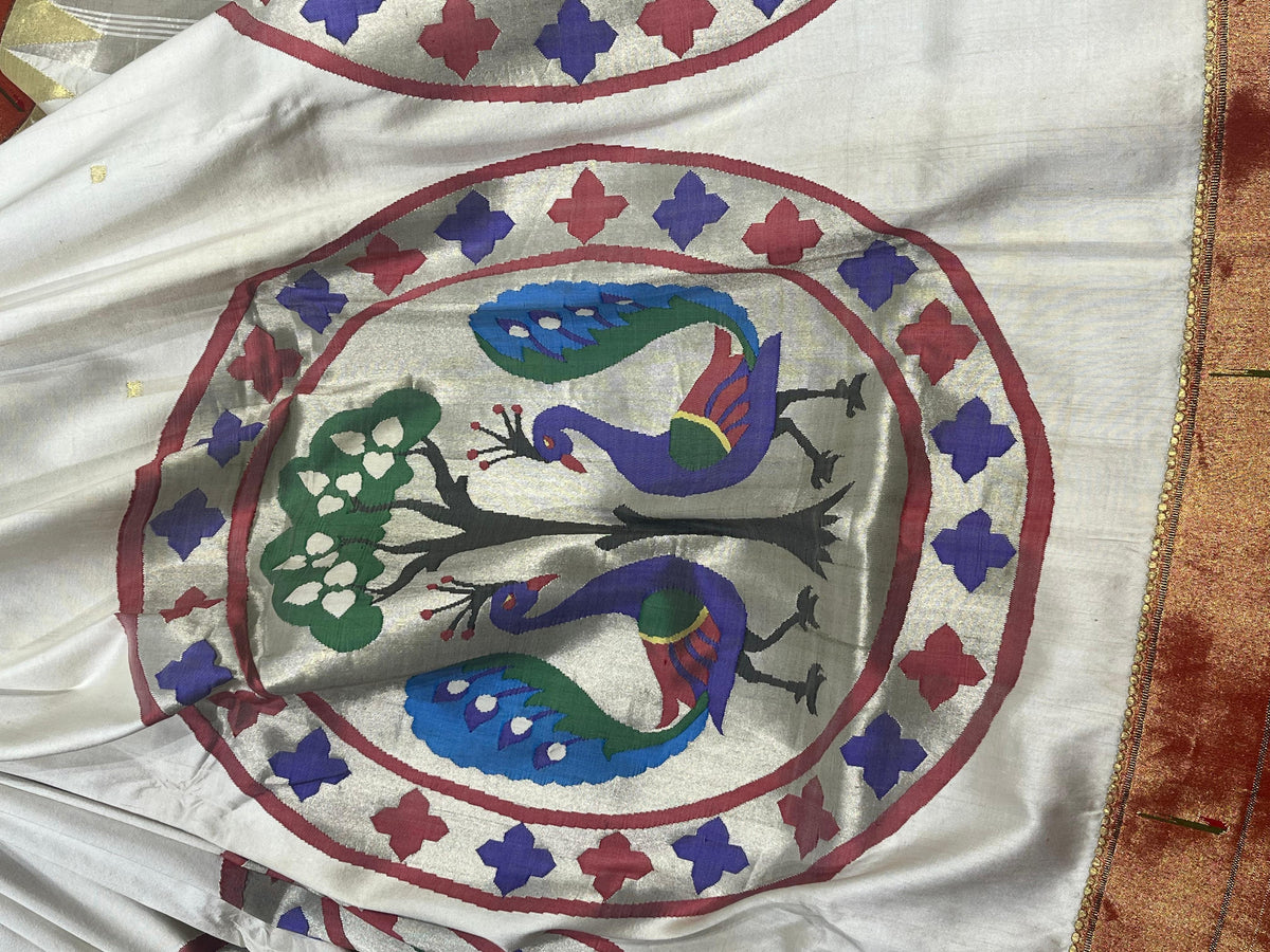 WHITE SILK PURE HANDLOOM PAITHANI SAREE